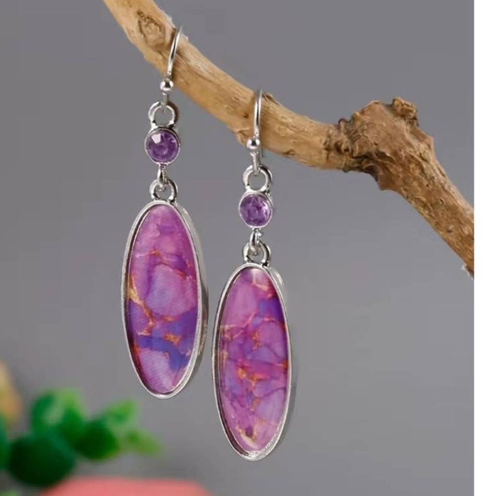Purple Faux Turquoise Oval  Dangle Earrings Alloy Silver Plated